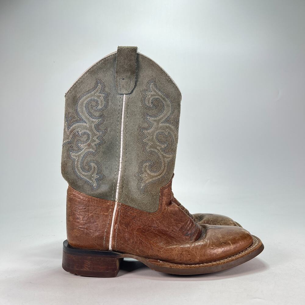Old West Brown Grey Leather Pull On Square Toe Cowboy Western Boots Youth Sz 2D